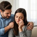 A man is comforting his grieving wife after the loss of their pet