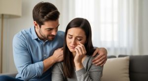 A man is comforting his grieving wife after the loss of their pet